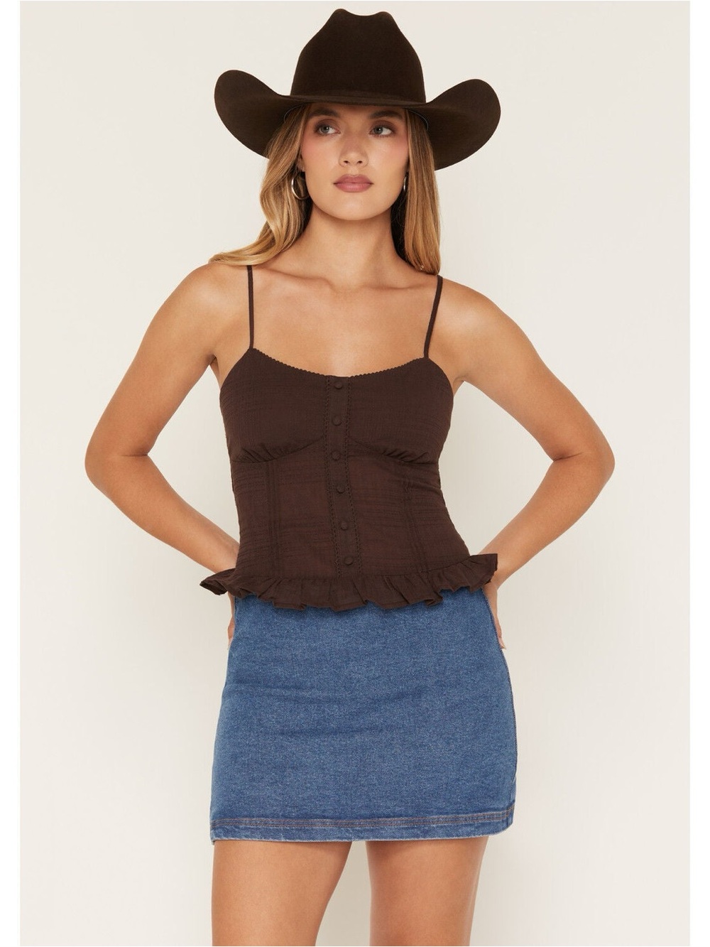 NWT CLEO + WOLF WOMEN'S SLEEVELESS BUTTON-FRONT RUFFLE HEM CAMI